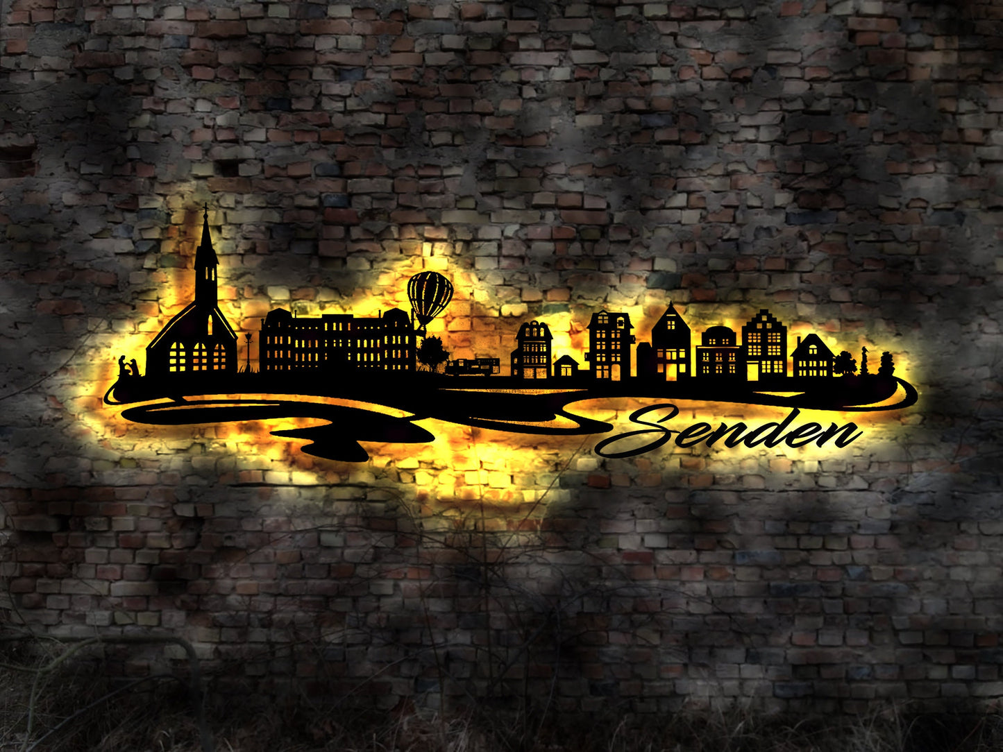 Skyline Senden LED Wandbild Holz Stadt AK Karte Map Stadtplan Wandsticker Leuchtbild Neonreklame Wandtattoo Reiseführer Silhouette