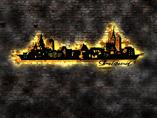 Skyline Stralsund LED Wandbild Holz Stadt AK Karte Map Stadtplan Wandsticker Leuchtbild Neonreklame Wandtattoo Reiseführer Silhouette