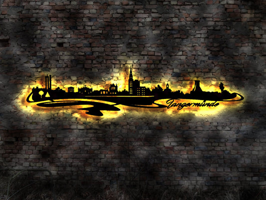 Skyline Tangermünde LED Wandbild Holz Stadt AK Karte Map Stadtplan Wandsticker Leuchtbild Neonreklame Wandtattoo Reiseführer Silhouette