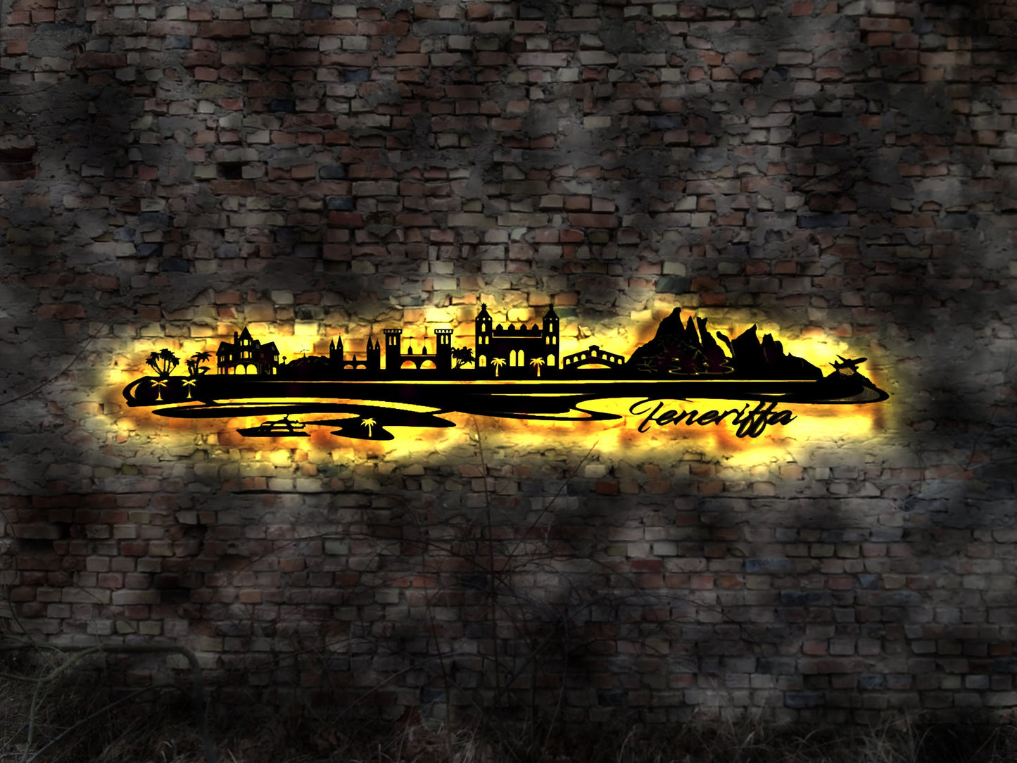 Skyline Tenerife Teneriffa Island LED Wandbild Holz Stadt AK Karte Map Wandsticker Leuchtbild Neonreklame Wandtattoo Reiseführer Silhouette