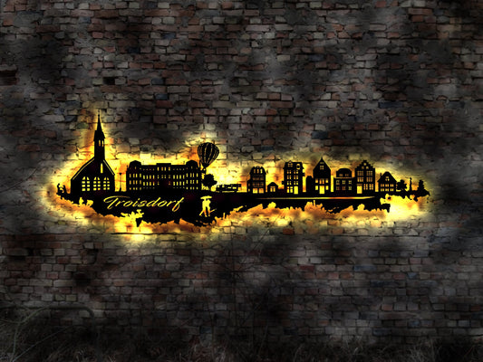 Skyline Troisdorf LED Wandbild Holz Stadt AK Karte Map Stadtplan Wandsticker Leuchtbild Neonreklame Wandtattoo Reiseführer Silhouette