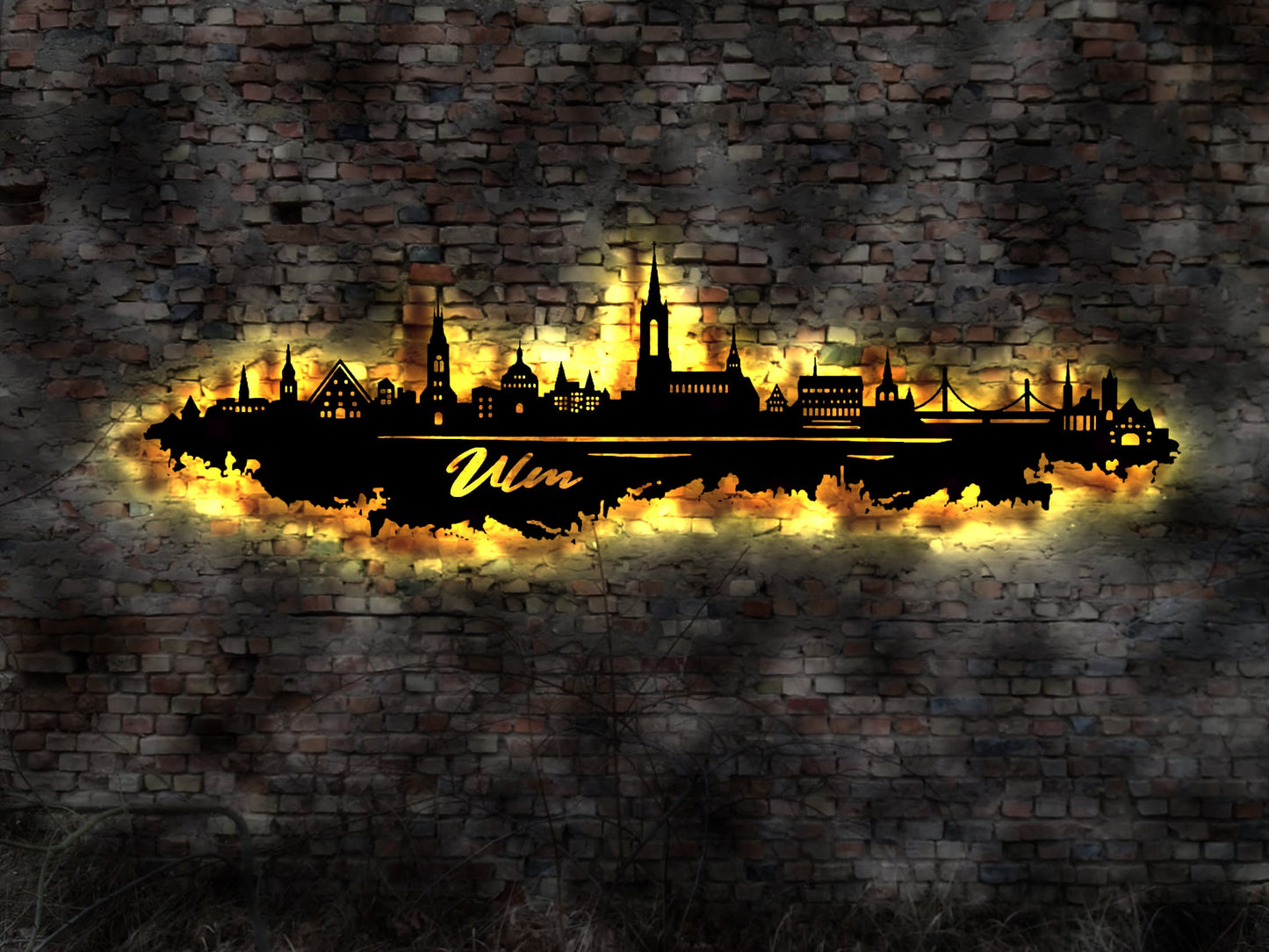 Skyline Ulm LED Wandbild Holz Stadt AK Karte Map Stadtplan Wandsticker Leuchtbild Neonreklame Wandtattoo Reiseführer Silhouette