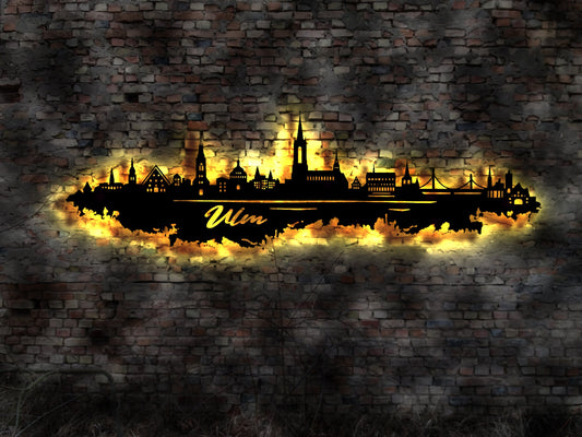 Skyline Ulm LED Wandbild Holz Stadt AK Karte Map Stadtplan Wandsticker Leuchtbild Neonreklame Wandtattoo Reiseführer Silhouette