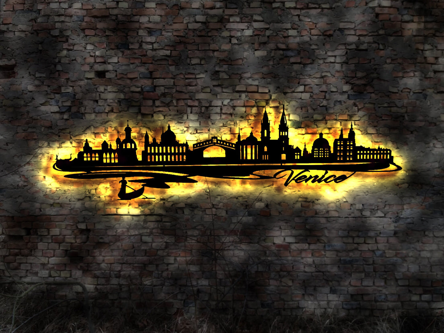 Skyline Venedig Venesia LED Wandbild Holz Stadt AK Karte Map Stadtplan Wandsticker Leuchtbild Neonreklame Wandtattoo Reiseführer Silhouette