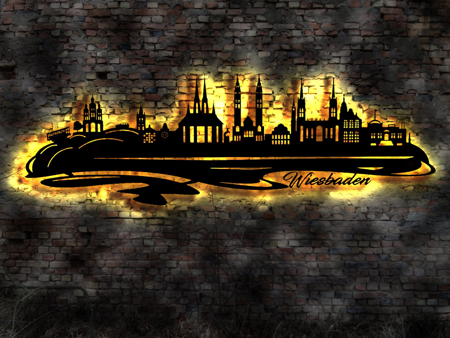 Skyline Wiesbaden LED Wandbild Holz Stadt AK Karte Map Stadtplan Wandsticker Leuchtbild Neonreklame Wandtattoo Reiseführer Silhouette