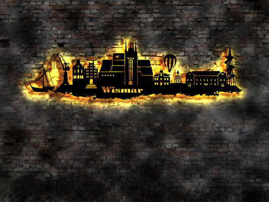 Skyline Wismar Hafen LED Wandbild Holz Stadt AK Karte Map Stadtplan Wandsticker Leuchtbild Neonreklame Wandtattoo Reiseführer Silhouette