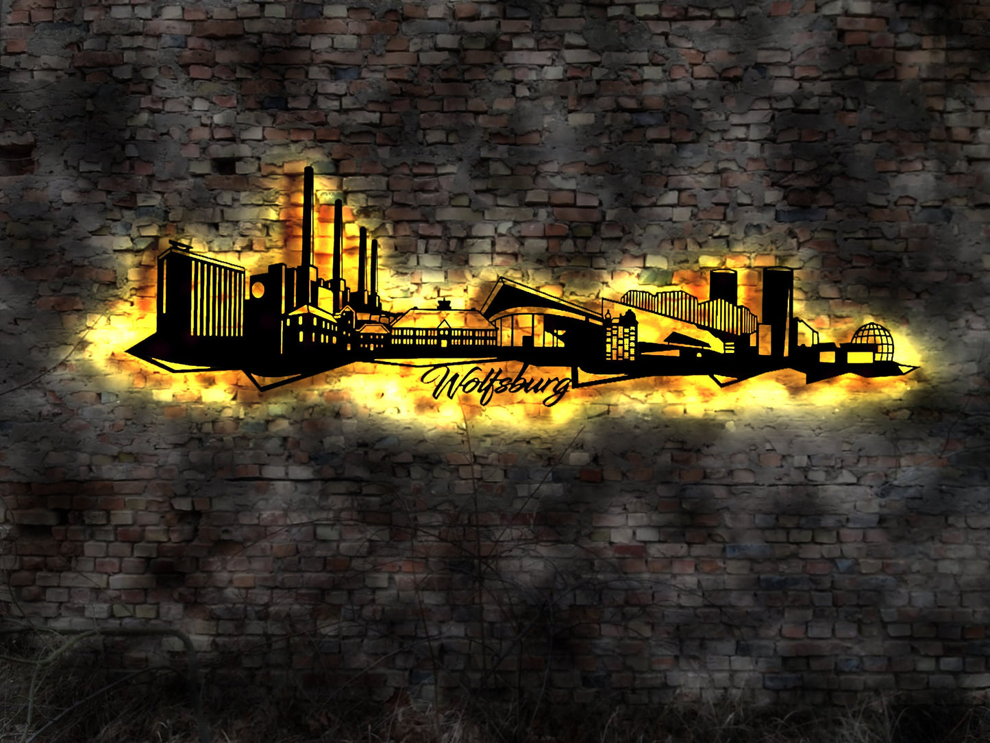 Skyline Wolfsburg LED Wandbild Holz Stadt AK Karte Map Stadtplan Wandsticker Leuchtbild Neonreklame Wandtattoo Reiseführer Silhouette