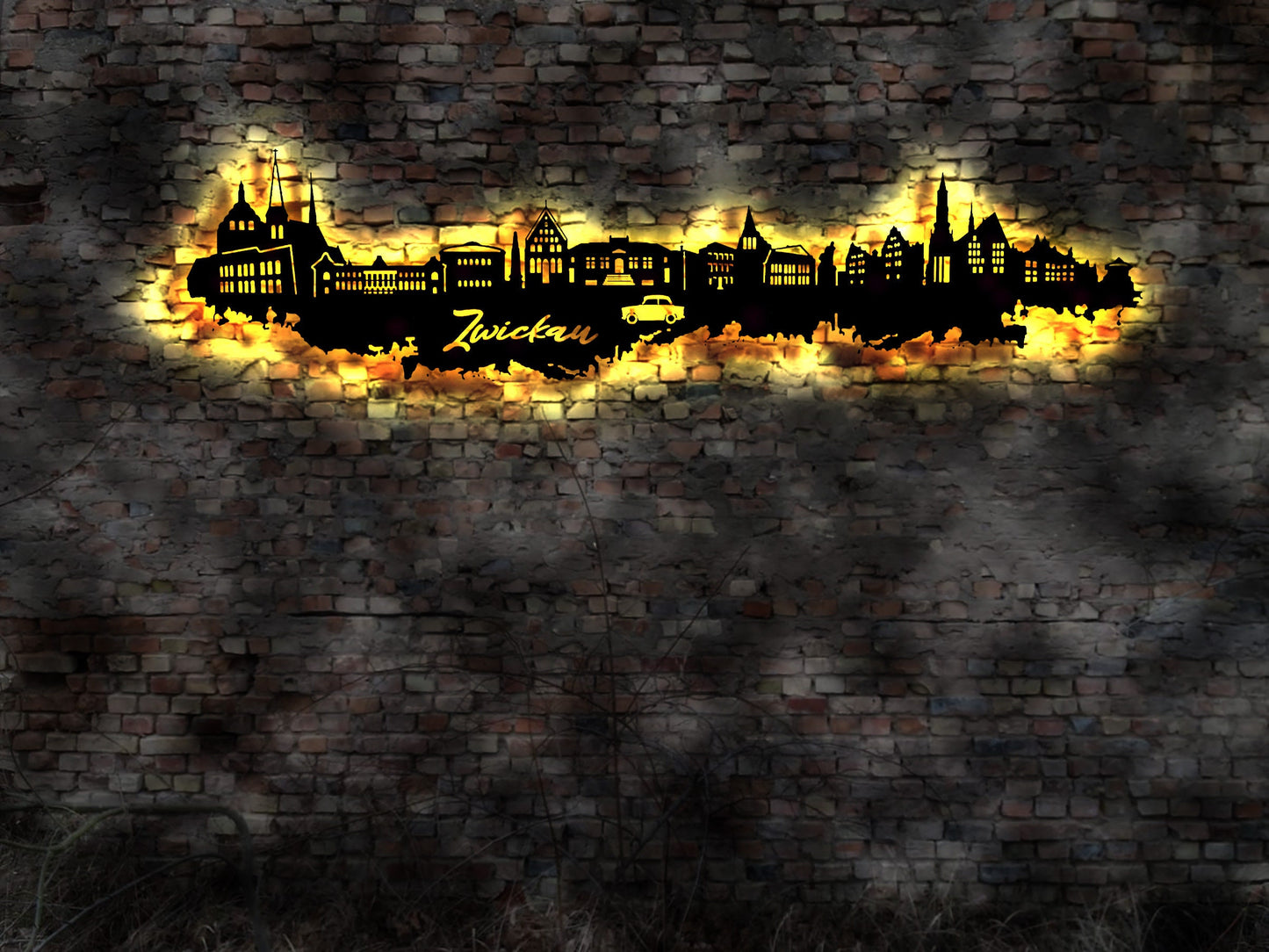 Skyline Zwickau  LED Wandbild Holz Stadt AK Karte Map Stadtplan Wandsticker Leuchtbild Neonreklame Wandtattoo Reiseführer Silhouette