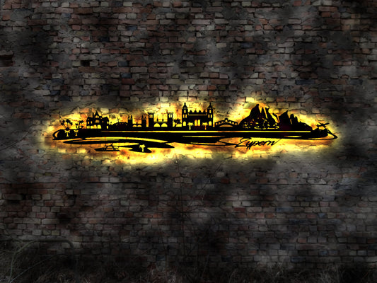 Skyline Zypern Island LED Wandbild Holz Stadt AK Karte Map Stadtplan Wandsticker Leuchtbild Neonreklame Wandtattoo Reiseführer Silhouette