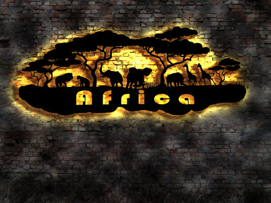3D LED Bild Afrika Wandschmuck Kunstdruck Aufkleber Wandbild Holzmaske Kontinent Leuchtschild Holz Wandmaske Ölgemälde Elefant  Savanne