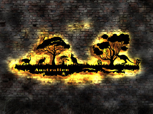 3D LED Wandbild Skyline Australien Aufkleber Fahne Flagge Wappen Känguru Figur Silhouette Gemälde Zeichnung Skizze Malerei Australia