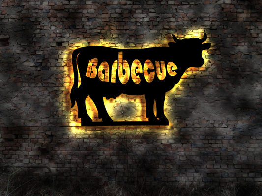 Kuh Cow Rind  Gaststätte BBQ Neon sign Schild  Grill Imbiss  Leuchtreklame Leuchtschild sign Neonreklame Poster Bild Plakat LED Barbeque