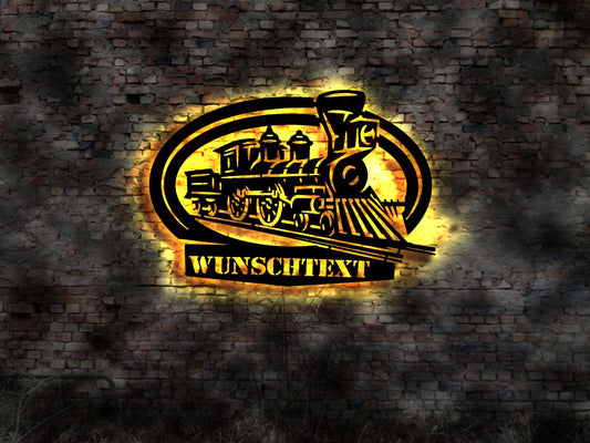 Dampflok Lok Eisenbahn Schild Schiene Wagon Bahnhof Modelleisenbahn Leuchtschild LED Deko Auto Autoaufkleber Schild retro geprägt  train