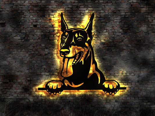 Dobermann LED Wandbild aus Holz Welpen Welpe Buch Hund Dog Zucht Züchter Geschirr Futternapf Leine Leckerlies Halsband  Security Emblem