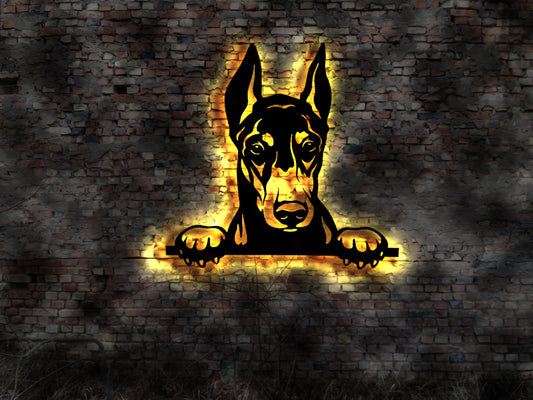 Dobermann LED Wandbild aus Holz Welpen Welpe Buch Hund Dog Zucht Züchter Geschirr Futternapf Leine Leckerlies Halsband  Security Emblem