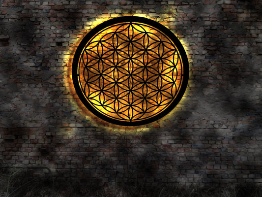 Esotherik Blume des Lebens Bild Wandbild Holz LED beleuchtet Aufkleber Chakra Wandtattoo Skyline  Aufkleber Buch Reise  Flower of live
