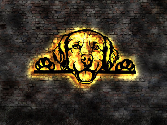 Golden Retriever LED Wandbild aus Holz Welpen Welpe Buch Hund Dog Zucht Züchter Geschirr Futternapf Leine Leckerlies Halsband