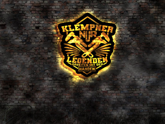 Klempner Schild no Aufkleber Bild Buch Heizungsbauer Reklame Werbung Zange Dachdecker Zunft T-shirt Logo Wikingerko LED Wandbild