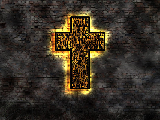 Vater Unsrer Kreuz Holzkreuz Jesuskreuz beleuchtet Kerzen LED Leuchtschild Wandbild Kirche Deko Gebet Neonreklame Kreutz Figur Bibel Leuchte