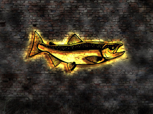 Lachs Fisch Restaurant Köder Buch Angler Wobbler Raubfischköder Neon sign Werbung Leuchtschild Fischerei Kaviar Lachsbrötchen Räucherlachs