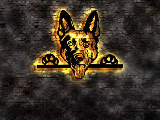 Malinois  LED Wandbild aus Holz Welpen Welpe Buch Hund Dog Zucht Züchter Führleine Plüschtier Skulptur Spielzeug