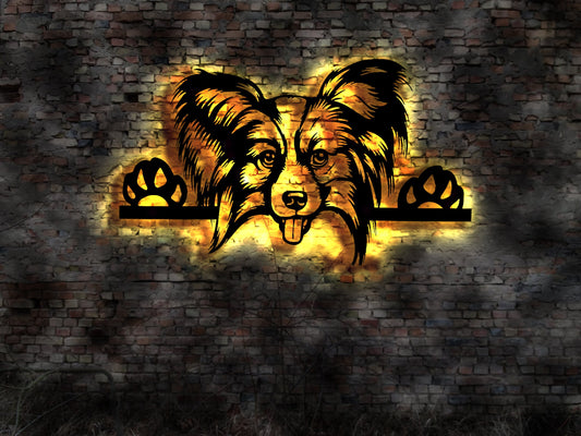 Papillon LED Wandbild aus Holz Welpen Welpe Buch Hund Dog Zucht Züchter Führleine Plüschtier Skulptur Spielzeug