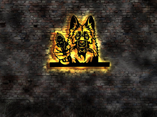 Deutscher Schäferhund DSH LED Wandbild aus Holz Welpen Welpe Buch Hund Dog Zucht Züchter Führleine Plüschtier Skulptur Spielzeug