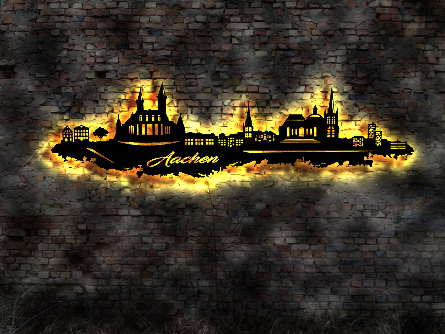 Skyline Aachen LED Wandbild aus Holz Stadt AK Karte Map Stadtplan Wandsticker Leuchtbild Neonreklame Wandtattoo Reiseführer Silhouette