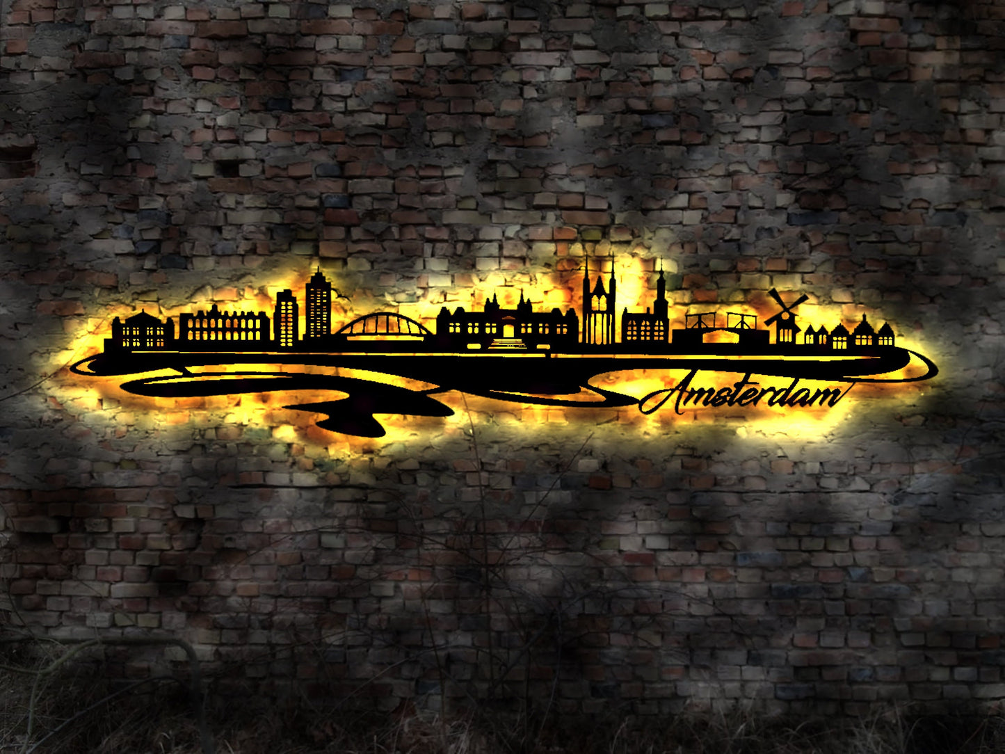 Skyline Amsterdam  LED Wandbild aus Holz Stadt AK Karte Map Stadtplan Wandsticker Leuchtbild Neonreklame Wandtattoo Reiseführer Silhouette