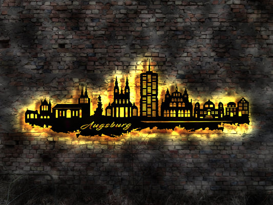 Skyline Augsburg  LED Wandbild Holz Stadt AK Karte Map Stadtplan Wandsticker Leuchtbild Neonreklame Wandtattoo Reiseführer Silhouette