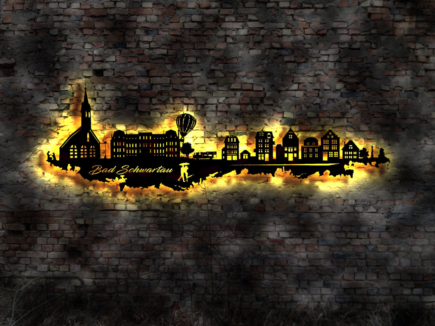 Skyline Bad Schwartau  LED Wandbild Holz Stadt AK Karte Map Stadtplan Wandsticker Leuchtbild Neonreklame Wandtattoo Reiseführer Silhouette