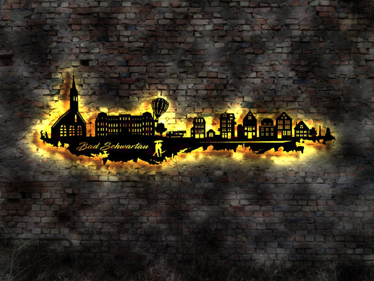 Skyline Bad Schwartau  LED Wandbild Holz Stadt AK Karte Map Stadtplan Wandsticker Leuchtbild Neonreklame Wandtattoo Reiseführer Silhouette