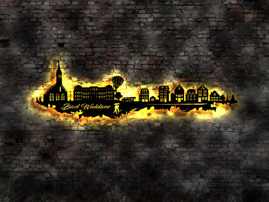 Skyline Bad Waldsee LED Wandbild Holz Stadt AK Karte Map Stadtplan Wandsticker Leuchtbild Neonreklame Wandtattoo Reiseführer Silhouette