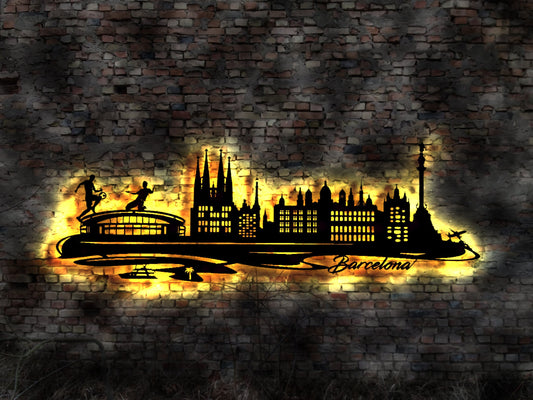 Skyline Barcelona LED Wandbild Holz Stadt AK Karte Map Stadtplan Wandsticker Leuchtbild Neonreklame Wandtattoo Reiseführer Silhouette