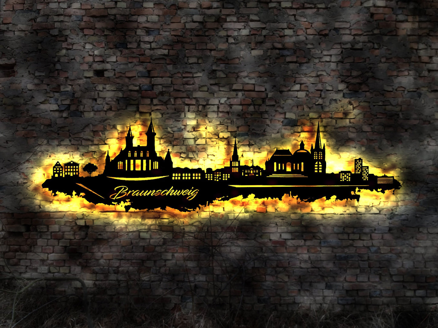 Skyline Braunschweig LED Wandbild Holz Stadt AK Karte Map Stadtplan Wandsticker Leuchtbild Neonreklame Wandtattoo Reiseführer Silhouette