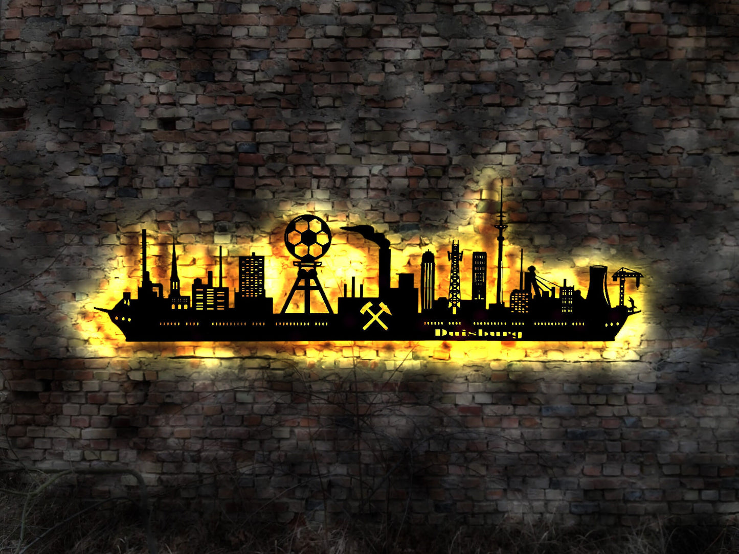 Skyline Duisburg LED Wandbild Holz Stadt AK Karte Map Stadtplan Wandsticker Leuchtbild Neonreklame Wandtattoo Reiseführer Silhouette