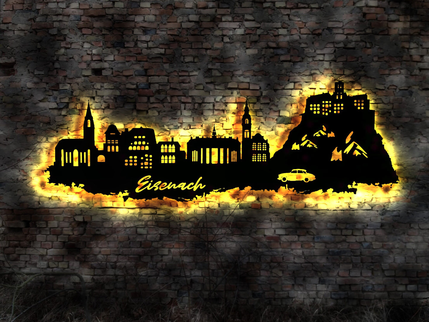 Skyline Eisenach LED Wandbild Holz Stadt AK Karte Map Stadtplan Wandsticker Leuchtbild Neonreklame Wandtattoo Reiseführer Silhouette