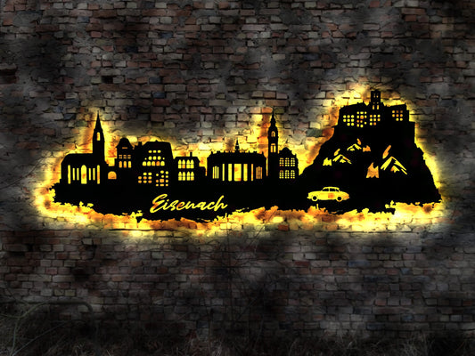 Skyline Eisenach LED Wandbild Holz Stadt AK Karte Map Stadtplan Wandsticker Leuchtbild Neonreklame Wandtattoo Reiseführer Silhouette
