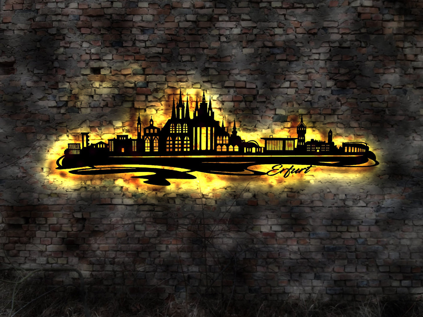 Skyline Erfurt LED Wandbild Holz Stadt AK Karte Map Stadtplan Wandsticker Leuchtbild Neonreklame Wandtattoo Reiseführer Silhouette