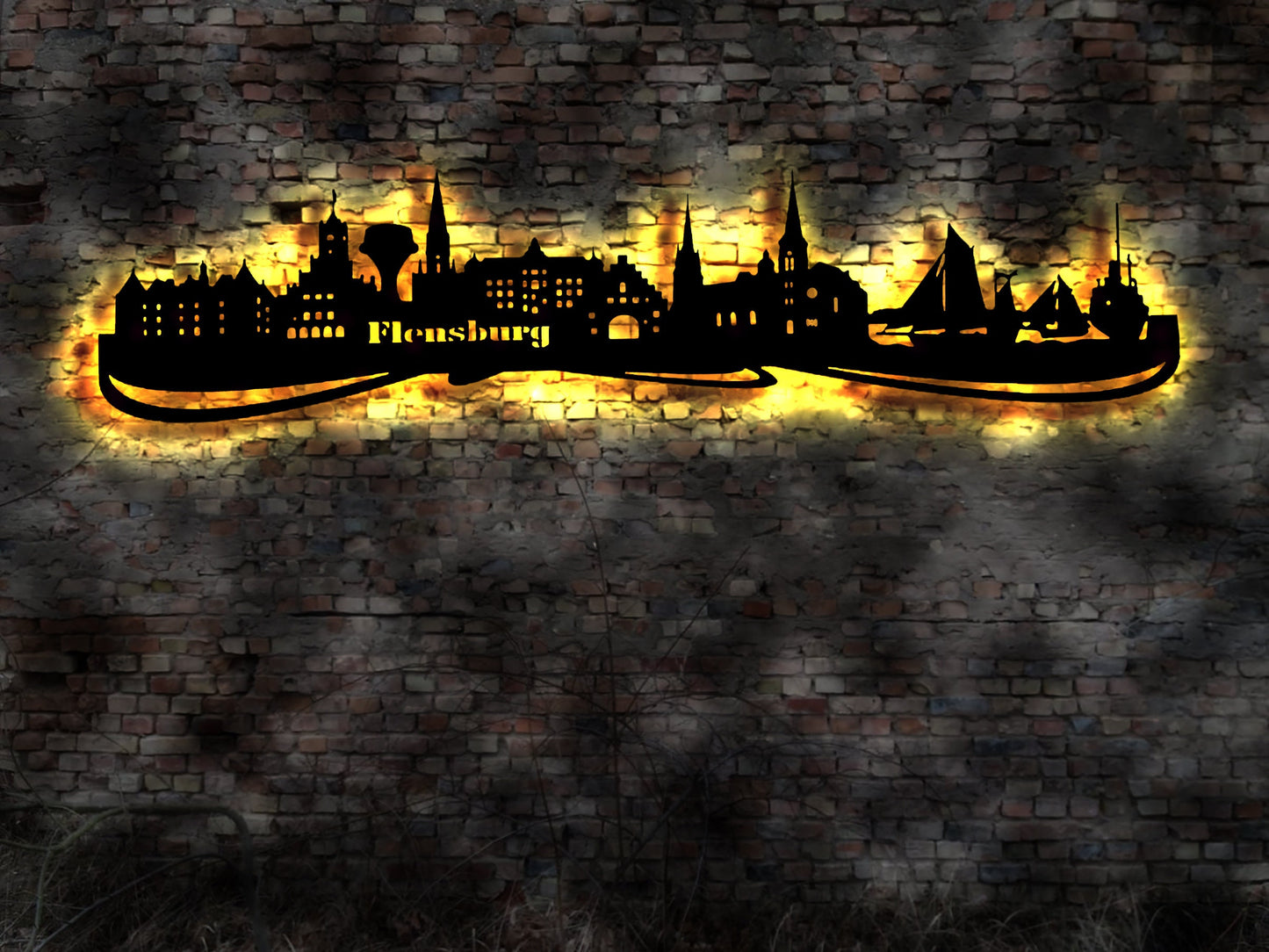 Skyline Flensburg  LED Wandbild Holz Stadt AK Karte Map Stadtplan Wandsticker Leuchtbild Neonreklame Wandtattoo Reiseführer Silhouette
