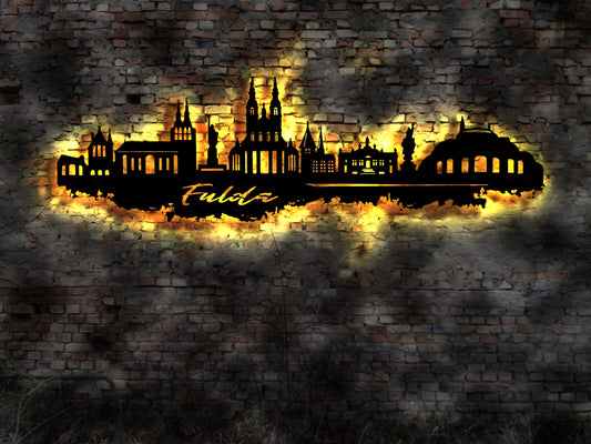 Skyline Fulda LED Wandbild Holz Stadt AK Karte Map Stadtplan Wandsticker Leuchtbild Neonreklame Wandtattoo Reiseführer Silhouette