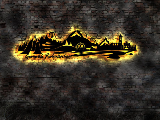 Skyline Garmisch Partenkirchen Wandbild  Stadt AK Karte Map Stadtplan Wandsticker Leuchtbild Neonreklame Wandtattoo Reiseführer Silhouette