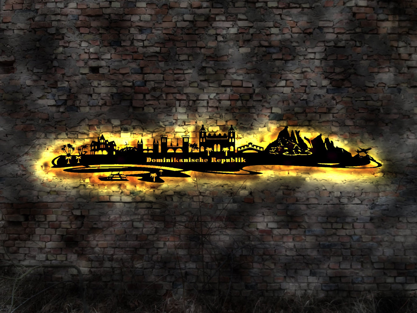 Skyline Dominikanische Republik Dom Rep Domrep  Holz Stadt AK Karte Map Wandsticker Leuchtbild Neonreklame Wandtattoo Reiseführer Silhouette