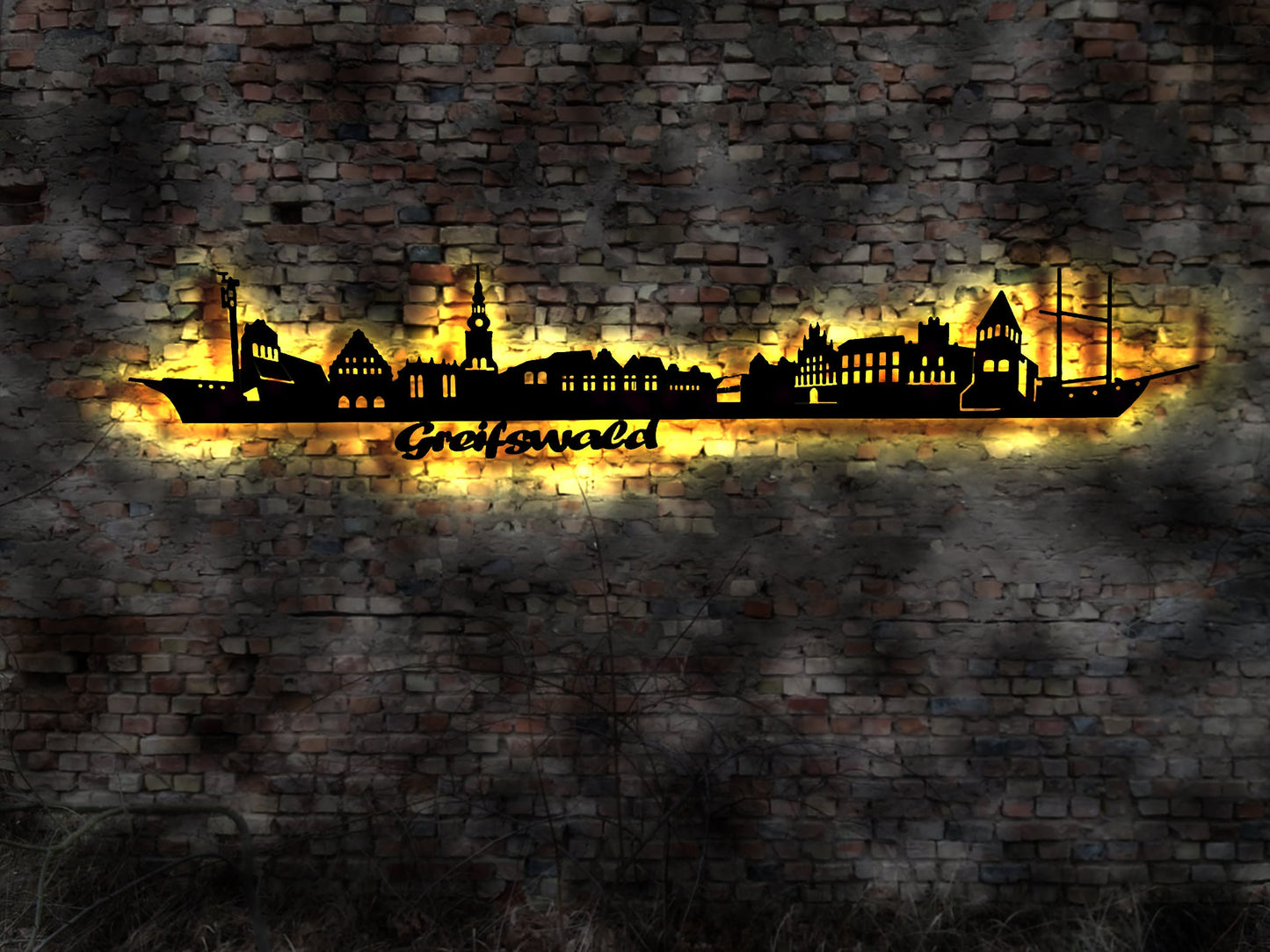 Skyline Greifswald LED Wandbild Holz Stadt AK Karte Map Stadtplan Wandsticker Leuchtbild Neonreklame Wandtattoo Reiseführer Silhouette