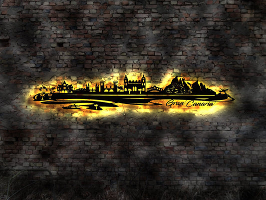 Skyline Gran Canaria Las Palmas Kanarische Inseln Urlaub  LED Wandbild Holz Stadt AK Karte Map Wandsticker Wandtattoo Reiseführer Silhouette