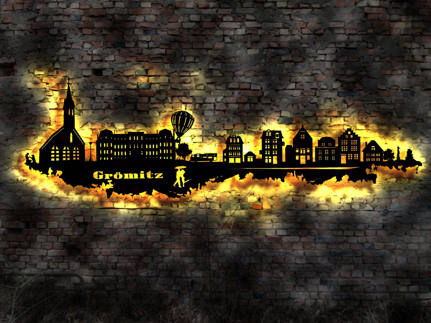 Skyline Grömitz LED Wandbild Holz Stadt AK Karte Map Stadtplan Wandsticker Leuchtbild Neonreklame Wandtattoo Reiseführer Silhouette