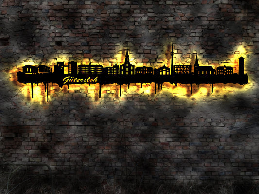 Skyline Gütersloh  LED Wandbild Holz Stadt AK Karte Map Stadtplan Wandsticker Leuchtbild Neonreklame Wandtattoo Reiseführer Silhouette