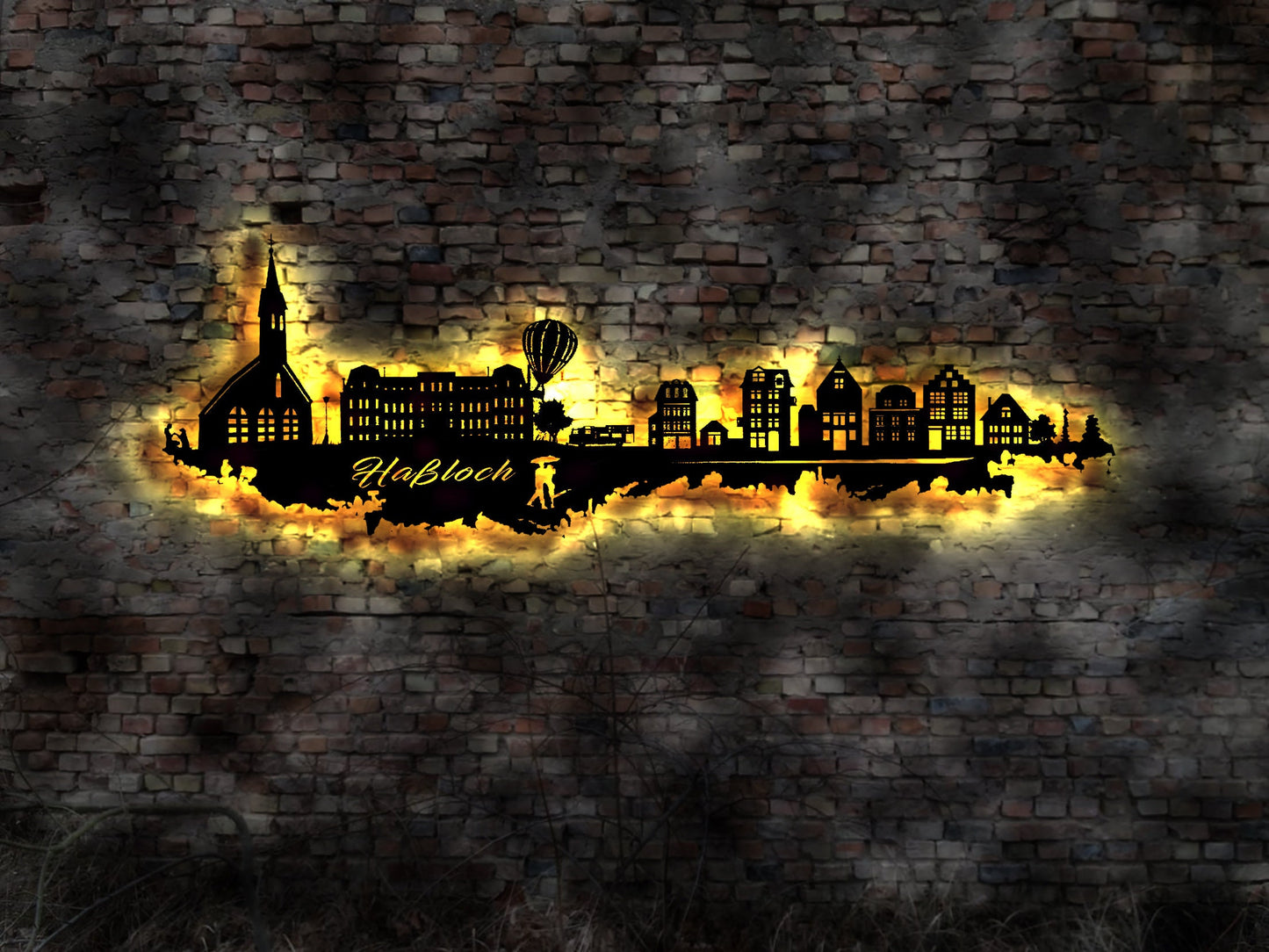 Skyline Haßloch  LED Wandbild Holz Stadt AK Karte Map Stadtplan Wandsticker Leuchtbild Neonreklame Wandtattoo Reiseführer Silhouette