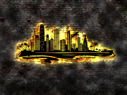 Skyline Hawaii Urlaub  LED Wandbild Holz Stadt AK Karte Map Wandsticker Leuchtbild Neonreklame Wandtattoo Reiseführer Silhouette