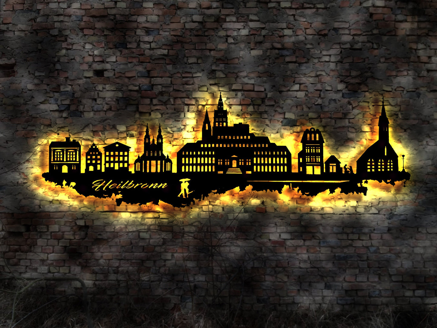 Skyline Heilbronn   LED Wandbild Holz Stadt AK Karte Map Stadtplan Wandsticker Leuchtbild Neonreklame Wandtattoo Reiseführer Silhouette